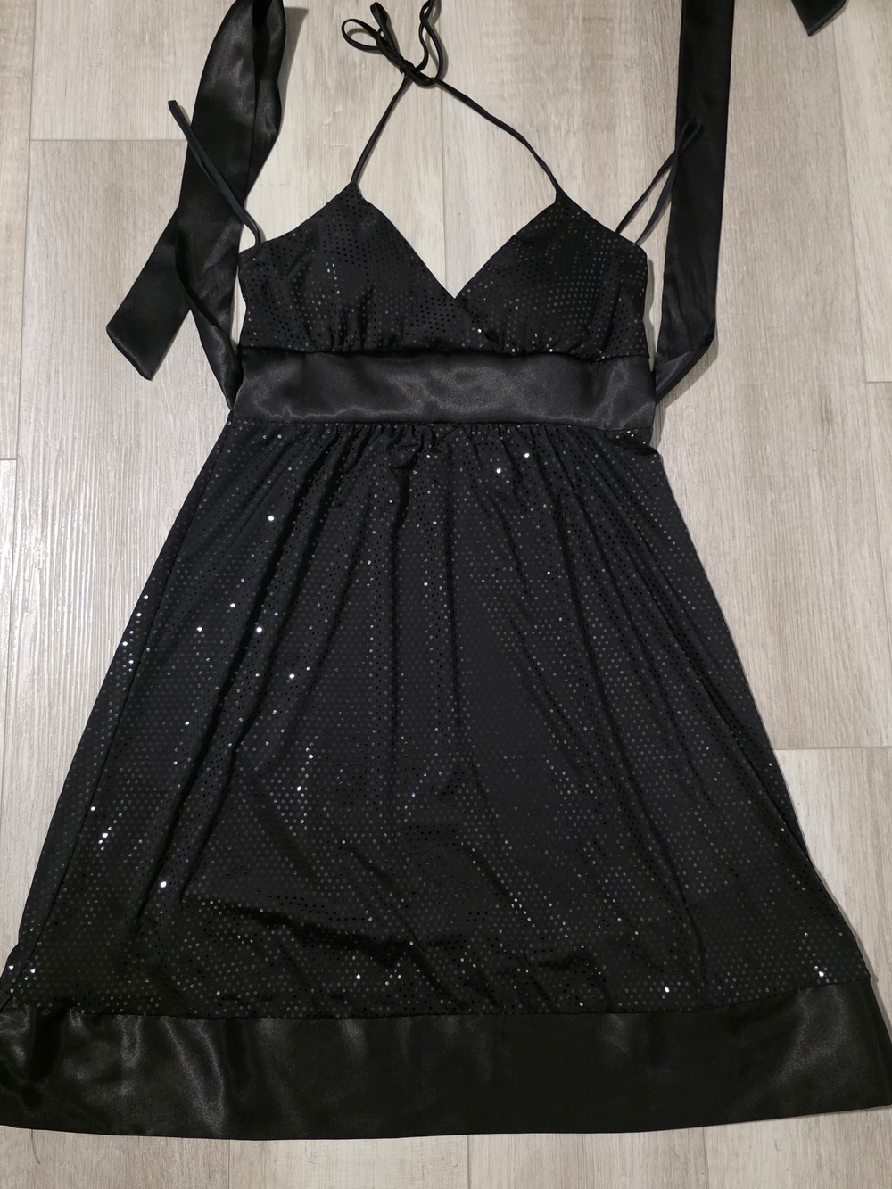 Y2K Sugar Lips Black Sequin Halter Party Dress Satin Trim Size M
